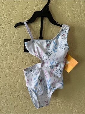 Disney Girls White One-Shoulder Swimsuit with Pastel Blue & Pink Print